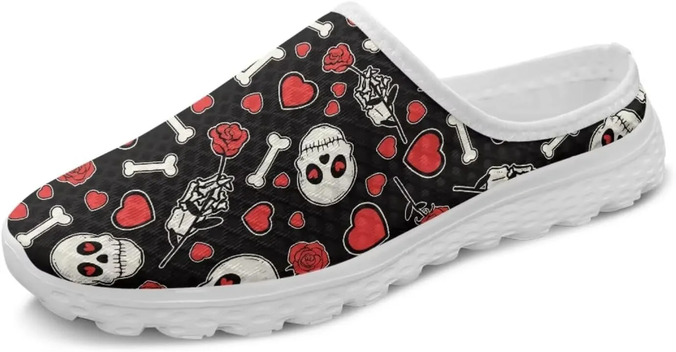 Howilath Gothic Skull Mule Shoes for Women Arch Support Garden Shoes Breathable Loafers Mesh Running Sneaker