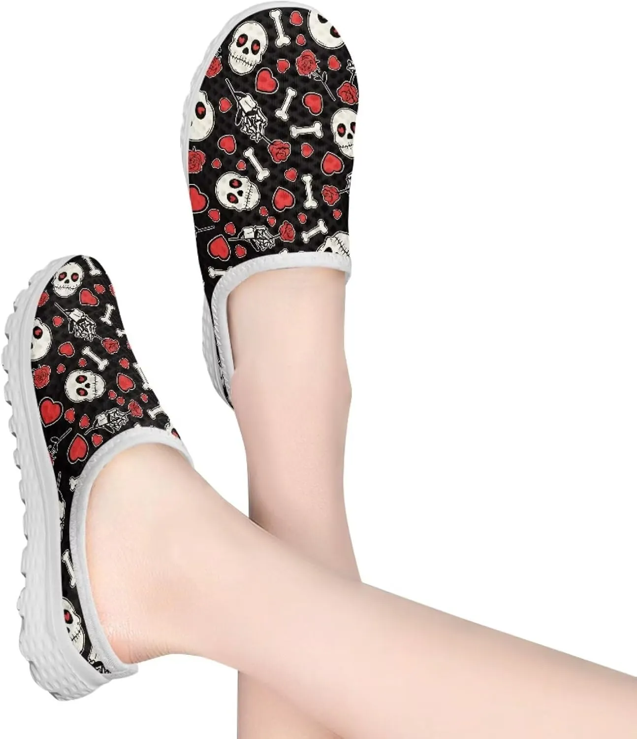 Howilath Gothic Skull Mule Shoes for Women Arch Support Garden Shoes Breathable Loafers Mesh Running Sneaker
