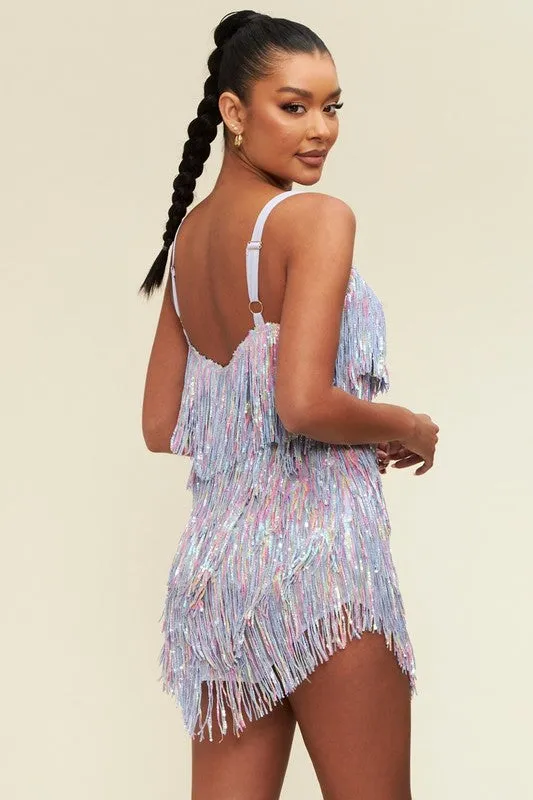 Lavender Multi Sequin Fringe Mini Dress