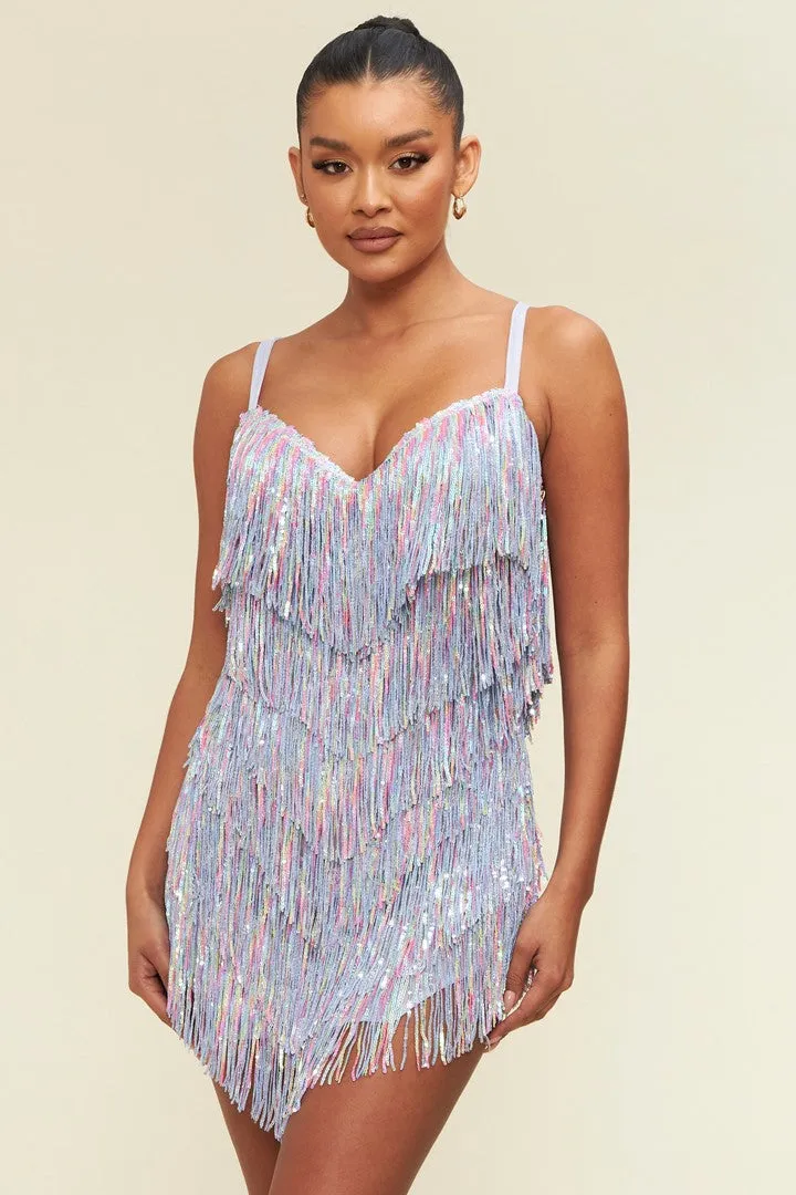 Lavender Multi Sequin Fringe Mini Dress