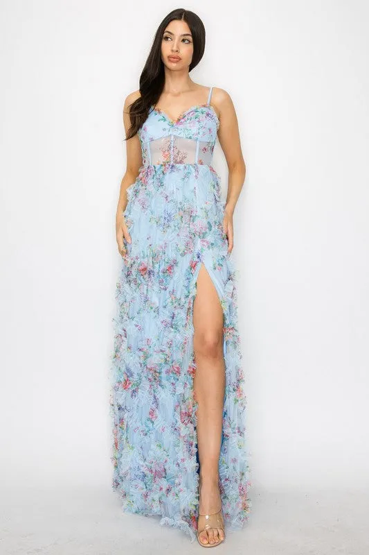 Light Blue Floral Maxi Dress With Slit