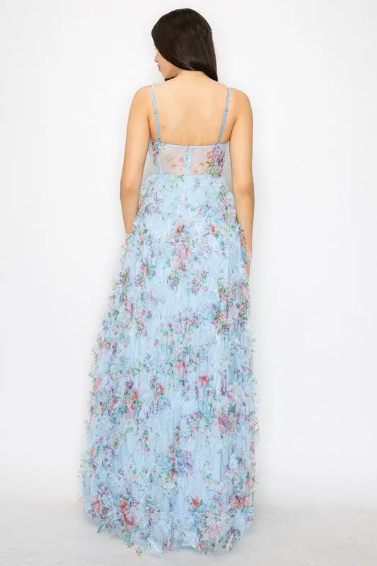 Light Blue Floral Maxi Dress With Slit