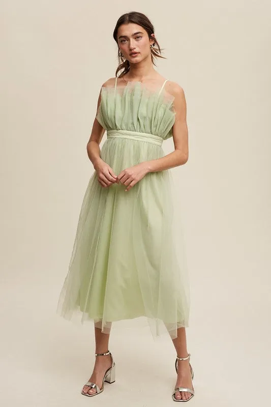 Light Green Paper Bag Frill Tulle Maxi Dress