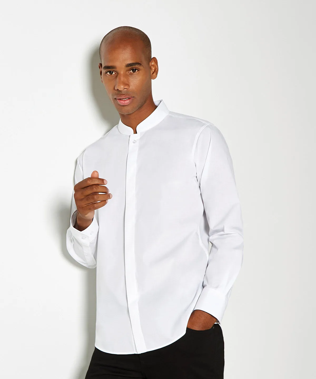 Mandarin collar shirt long-sleeved (tailored fit) | Black