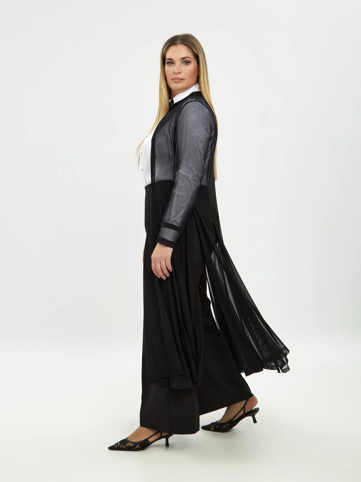 Mat Mesh Long Line Cardigan in Black