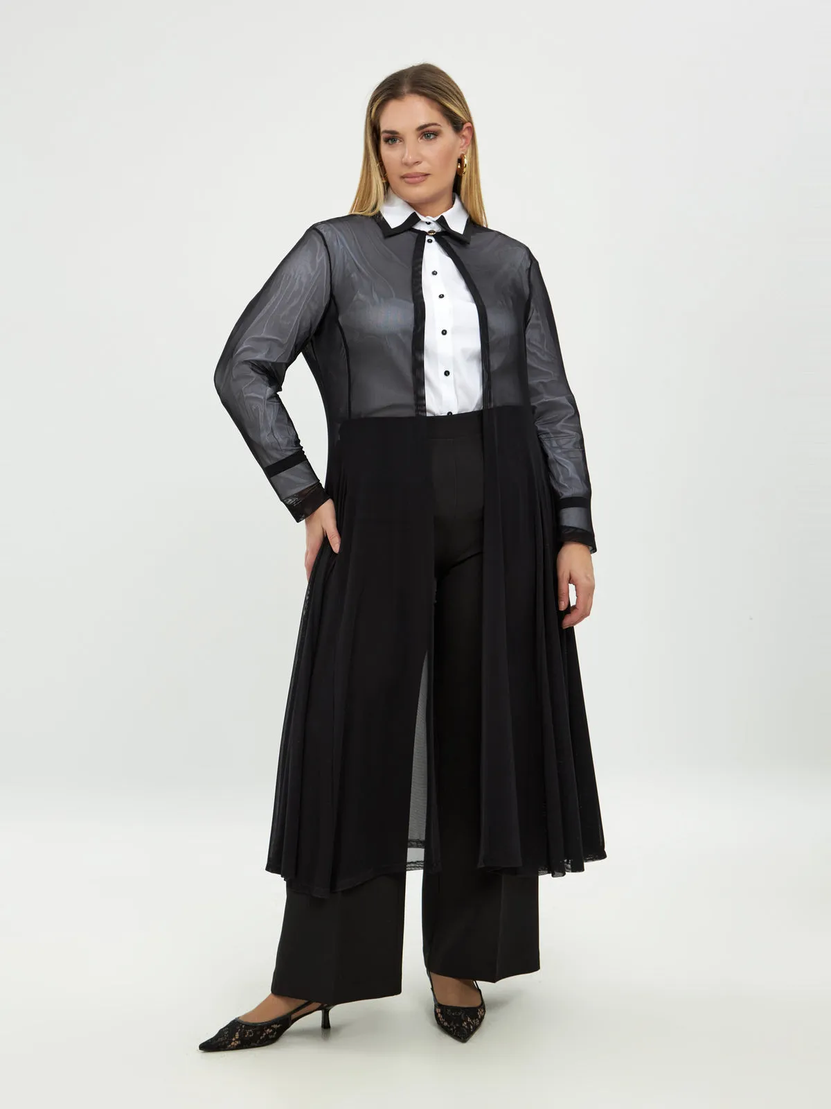 Mat Mesh Long Line Cardigan in Black