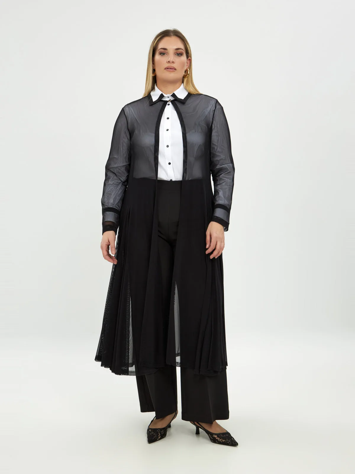 Mat Mesh Long Line Cardigan in Black