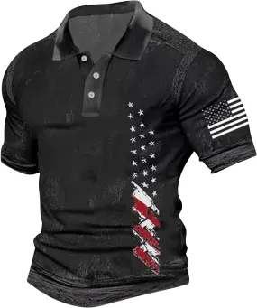 Men's Vintage USA Flag Polo Shirt Short Sleeve Quick Dry American Flag Printed Graphic Split Color Patriotic Shirts