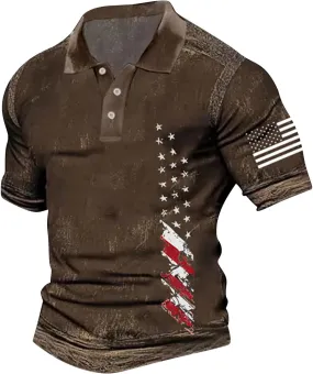 Men's Vintage USA Flag Polo Shirt Short Sleeve Quick Dry American Flag Printed Graphic Split Color Patriotic Shirts