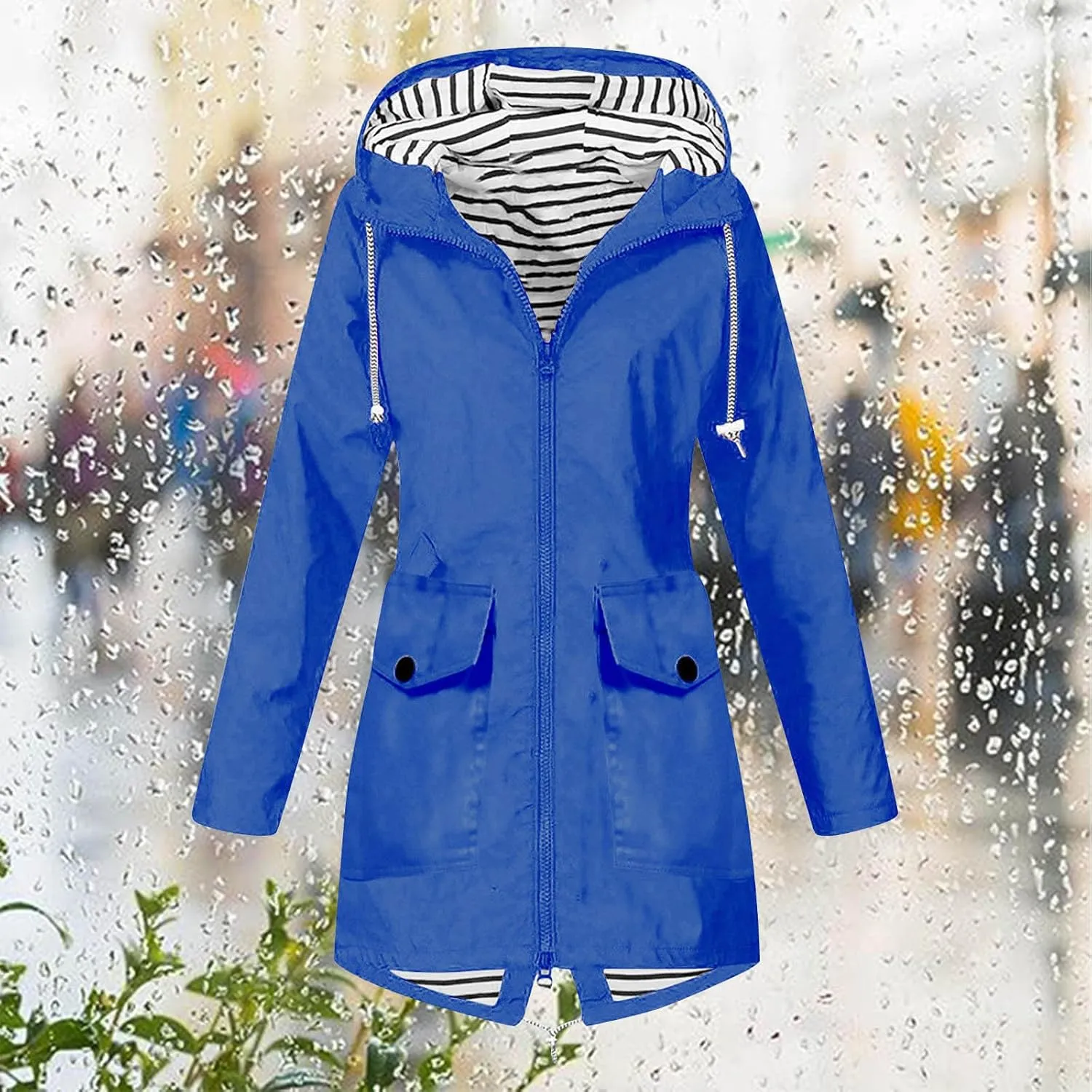 NaRHbrg Women's Waterproof Raincoat Zipper Mid Length Raincoat Rainwear Outdoor Rain Jacket Hooded Active Windbreaker