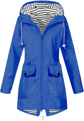 NaRHbrg Women's Waterproof Raincoat Zipper Mid Length Raincoat Rainwear Outdoor Rain Jacket Hooded Active Windbreaker