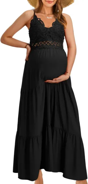 OUGES Womens' Maternity Maxi Dress Spaghetti Strap Baby Shower Pregnancy Dresses for Photoshoot