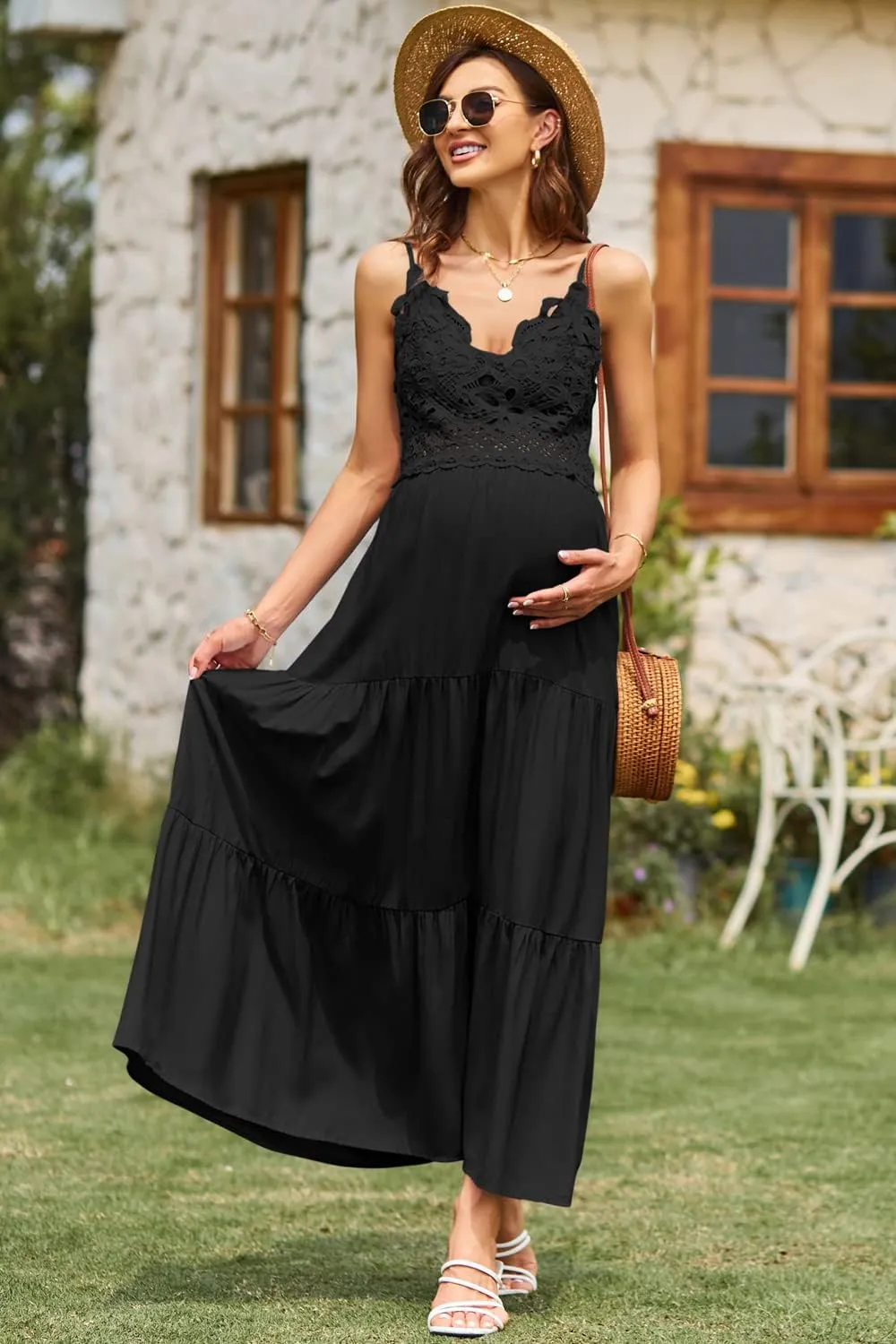 OUGES Womens' Maternity Maxi Dress Spaghetti Strap Baby Shower Pregnancy Dresses for Photoshoot