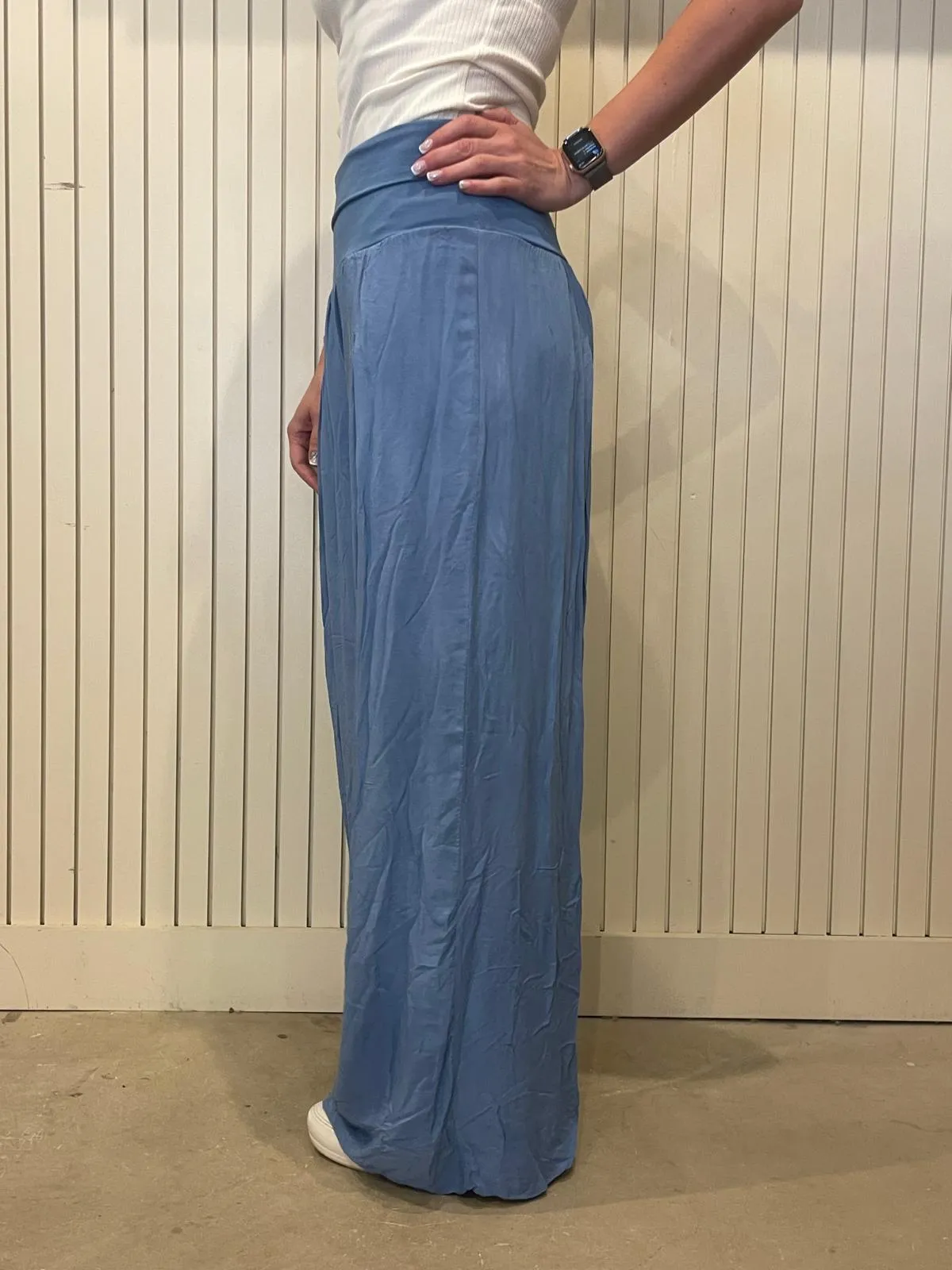 Pale Denim Sky Jersey Waist Wide Leg Palazzo Trousers