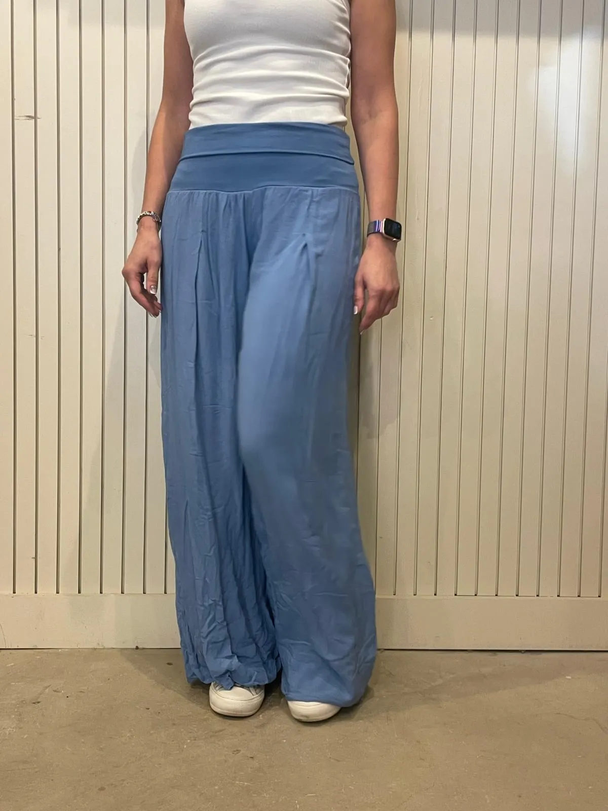 Pale Denim Sky Jersey Waist Wide Leg Palazzo Trousers