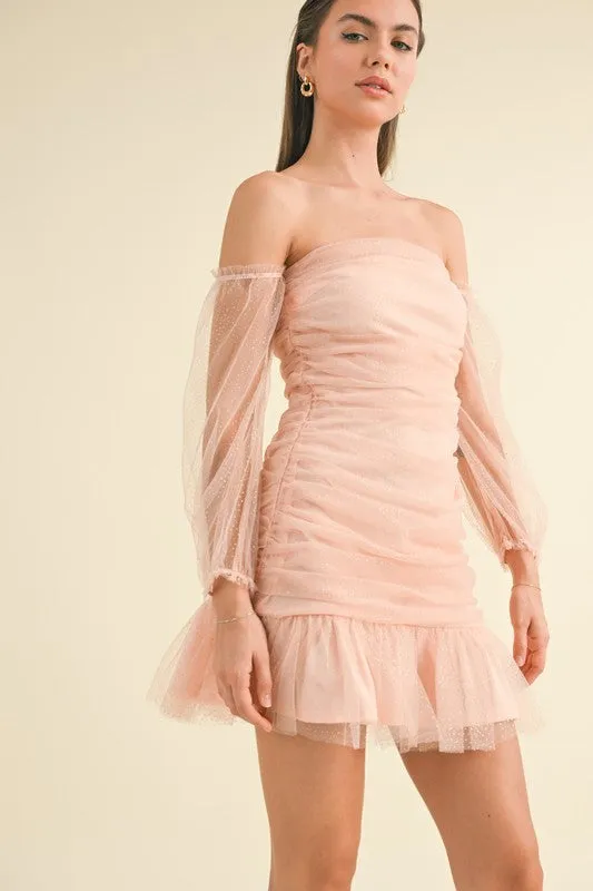 Peach/Gold Off Shoulder Ruched Gold Dotted Mesh Mini Dress