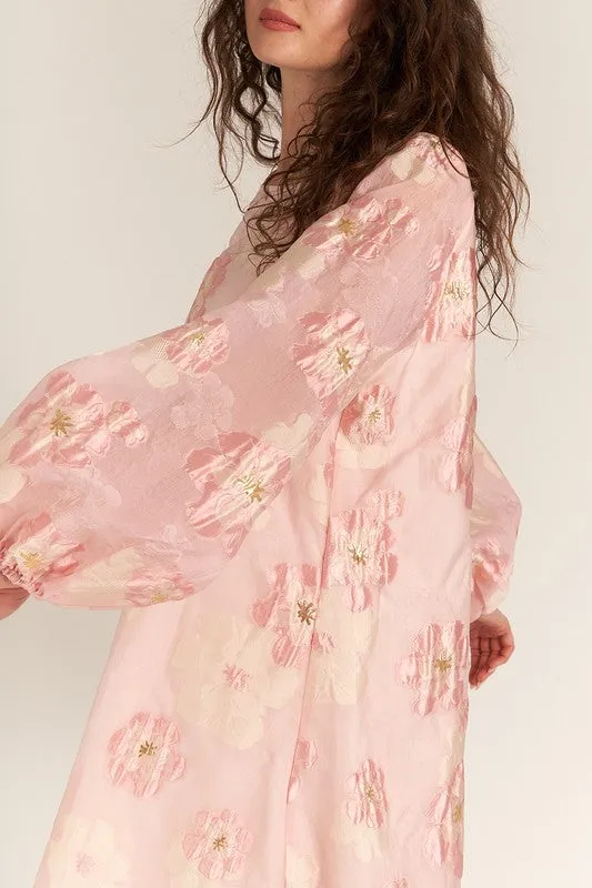 Pink Bubble Sleeve Floral Organza Mini Dress