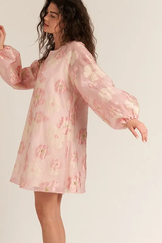 Pink Bubble Sleeve Floral Organza Mini Dress