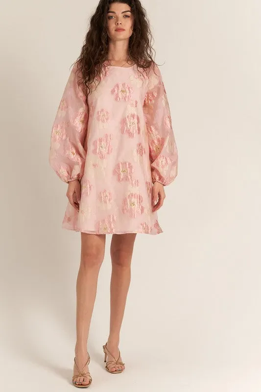 Pink Bubble Sleeve Floral Organza Mini Dress