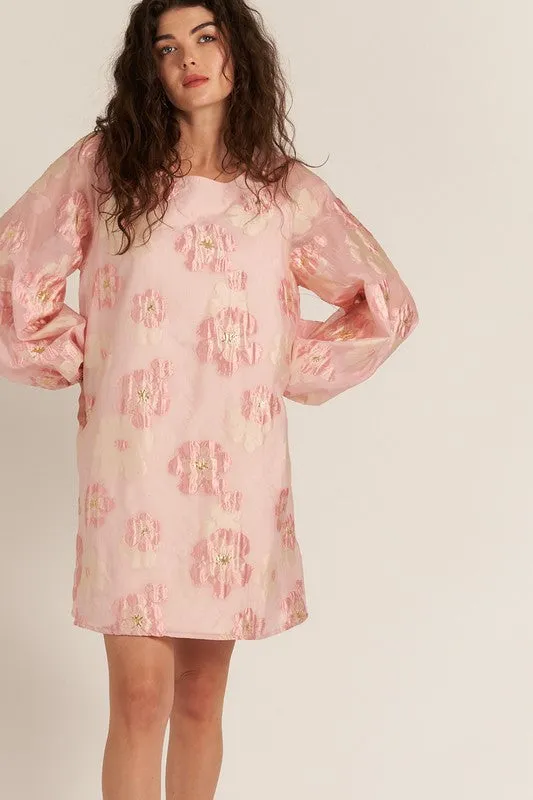 Pink Bubble Sleeve Floral Organza Mini Dress
