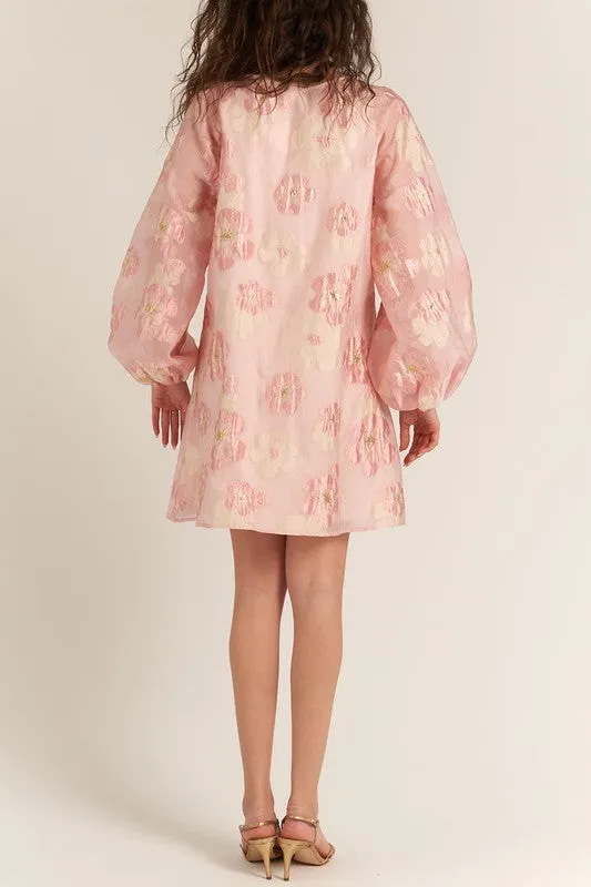 Pink Bubble Sleeve Floral Organza Mini Dress