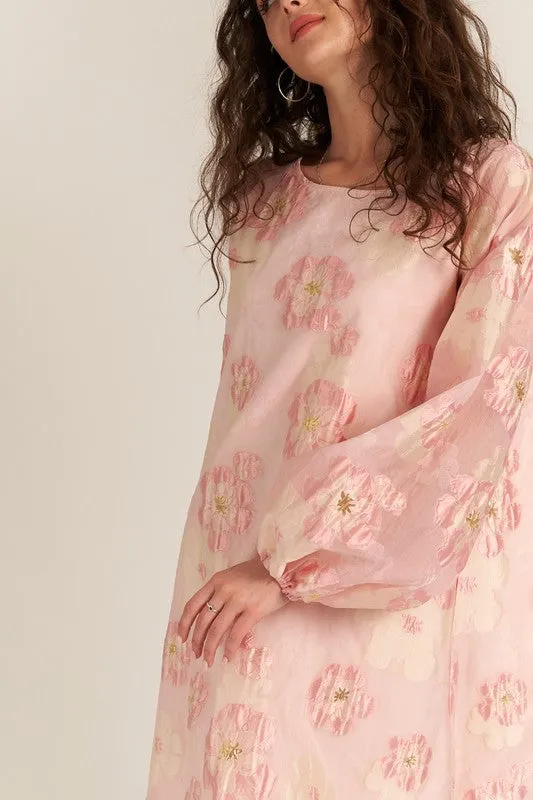 Pink Bubble Sleeve Floral Organza Mini Dress