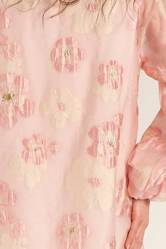 Pink Bubble Sleeve Floral Organza Mini Dress