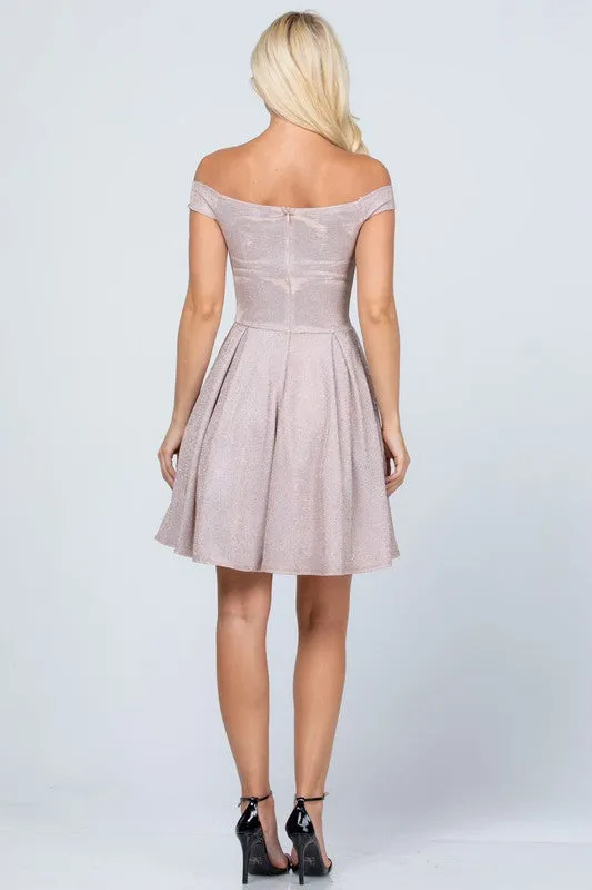 Pink Off The Shoulder Skater Dress Jaquard