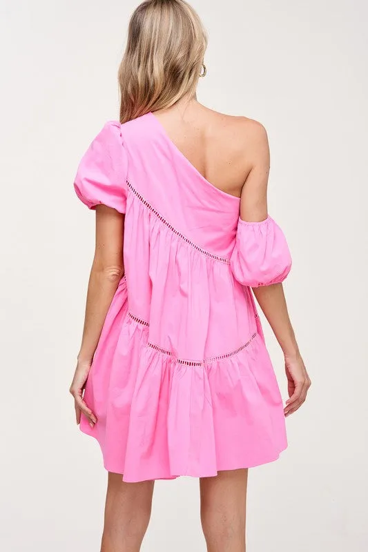 Pink One Shoulder Flare Mini Dress