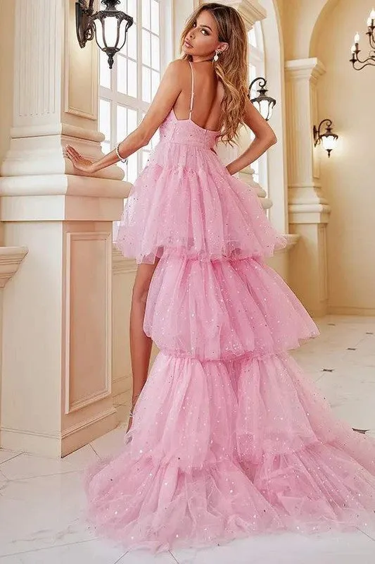 Pink Sequin High Low Hem Layered Mesh Bridesmaid Dress