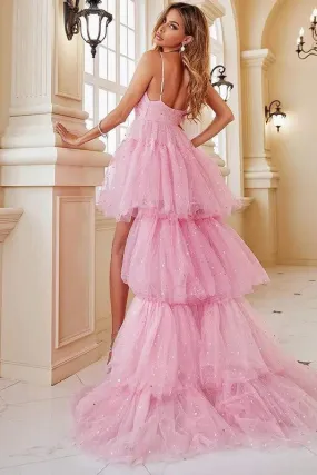 Pink Sequin High Low Hem Layered Mesh Bridesmaid Dress