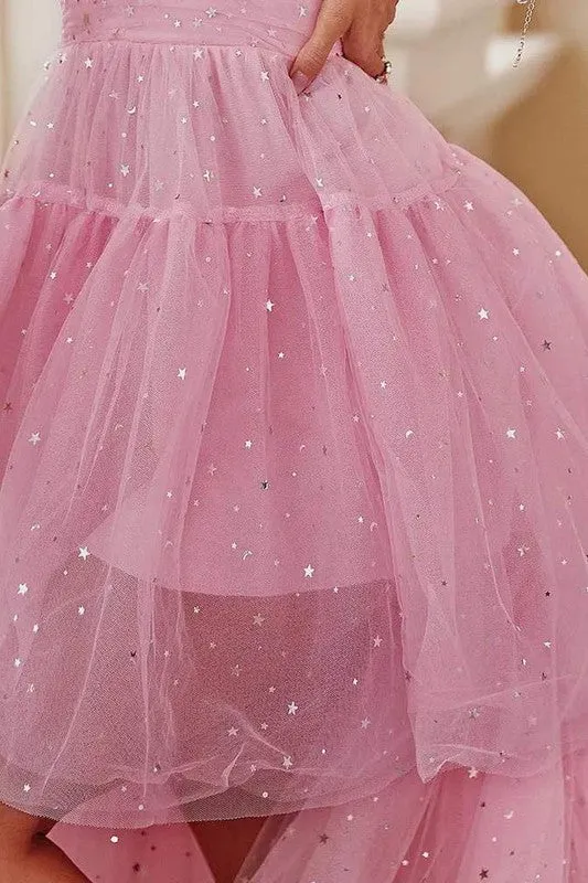 Pink Sequin High Low Hem Layered Mesh Bridesmaid Dress