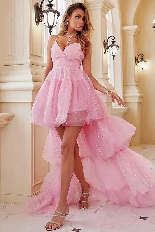 Pink Sequin High Low Hem Layered Mesh Bridesmaid Dress