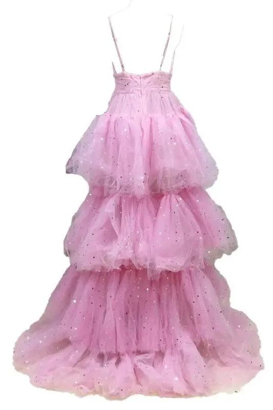Pink Sequin High Low Hem Layered Mesh Bridesmaid Dress