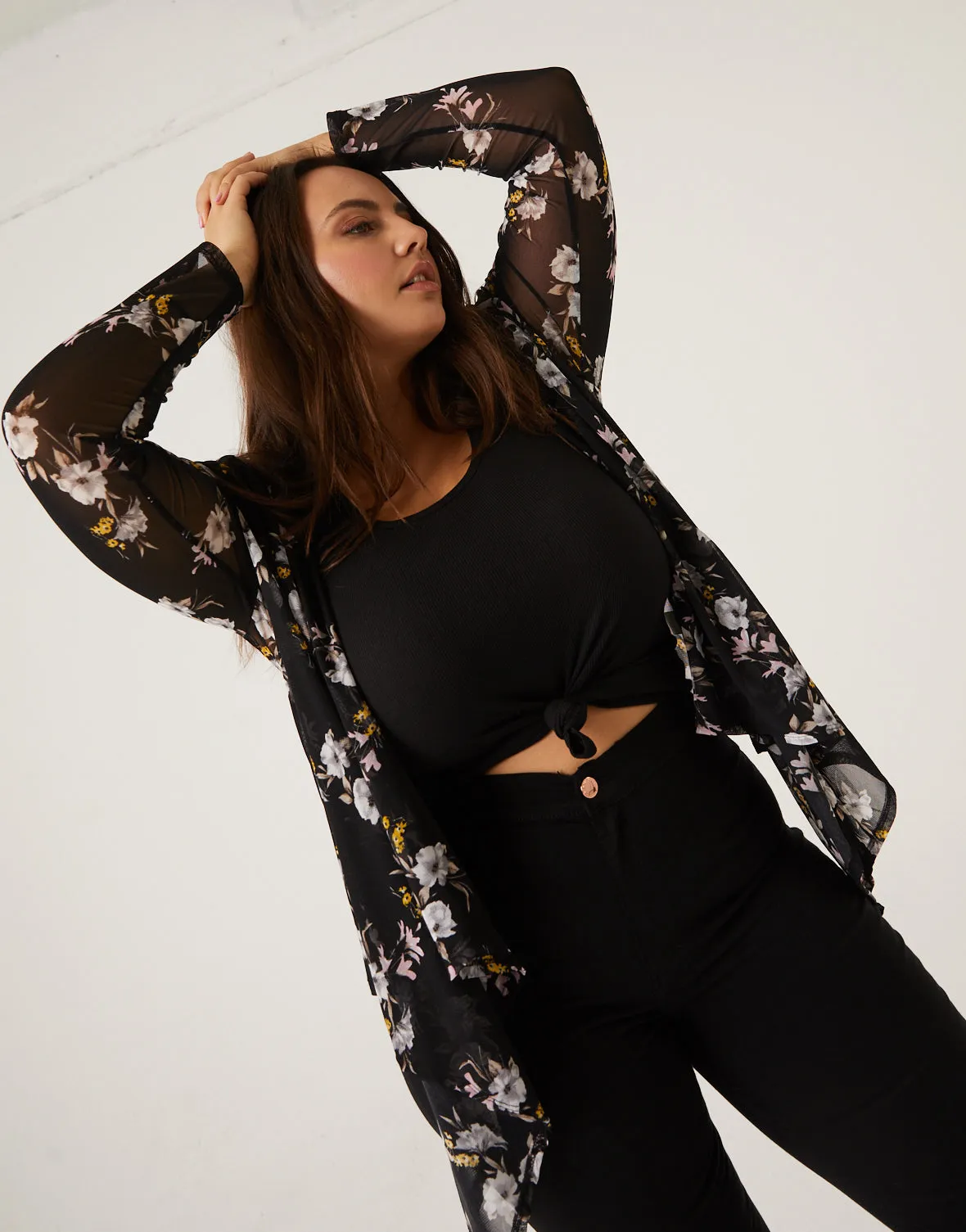 Plus Size Floral Sheer Cardigan