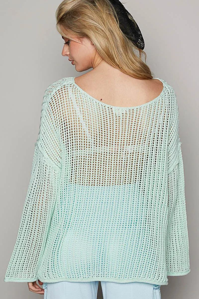 POL Open Knit Star Sweater in Light Mint FINAL SALE