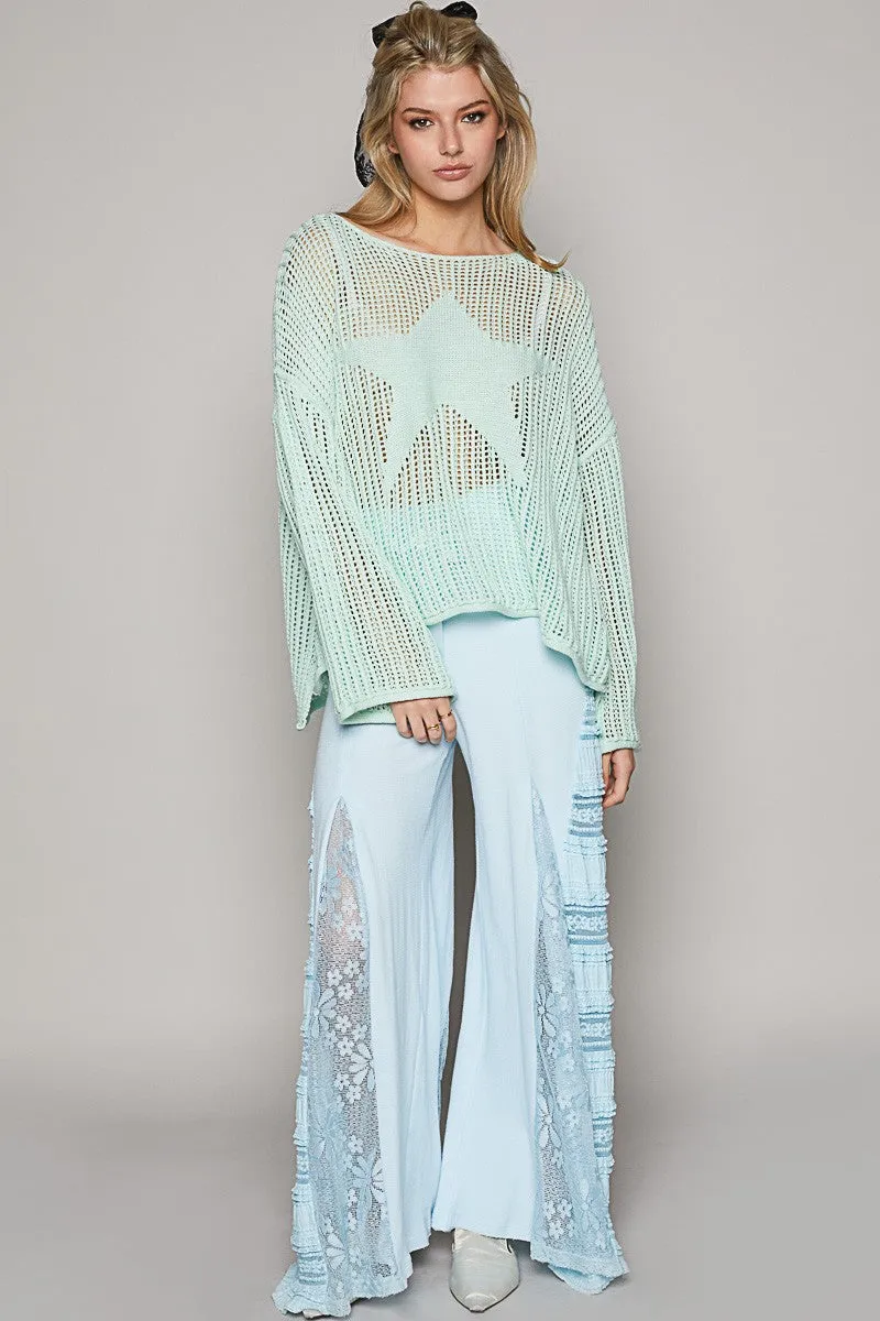 POL Open Knit Star Sweater in Light Mint FINAL SALE