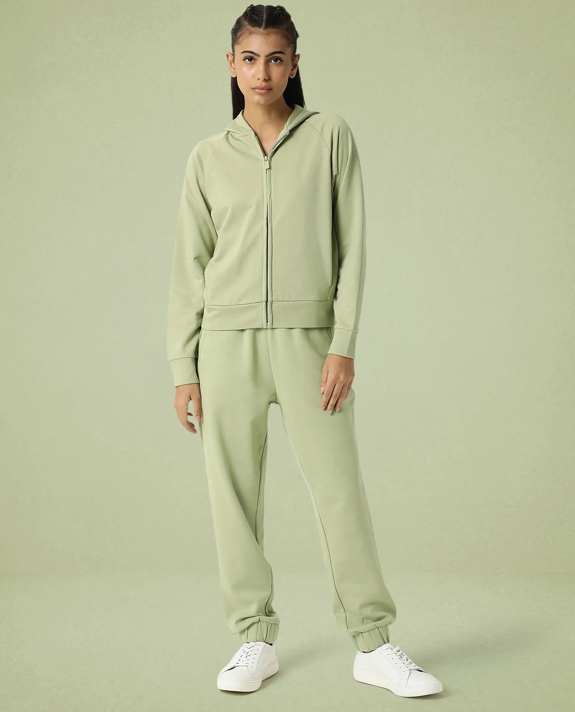Rareism Women Capper Light Green Cotton Blend Fabric Full Sleeves Solid Hooded Jacket