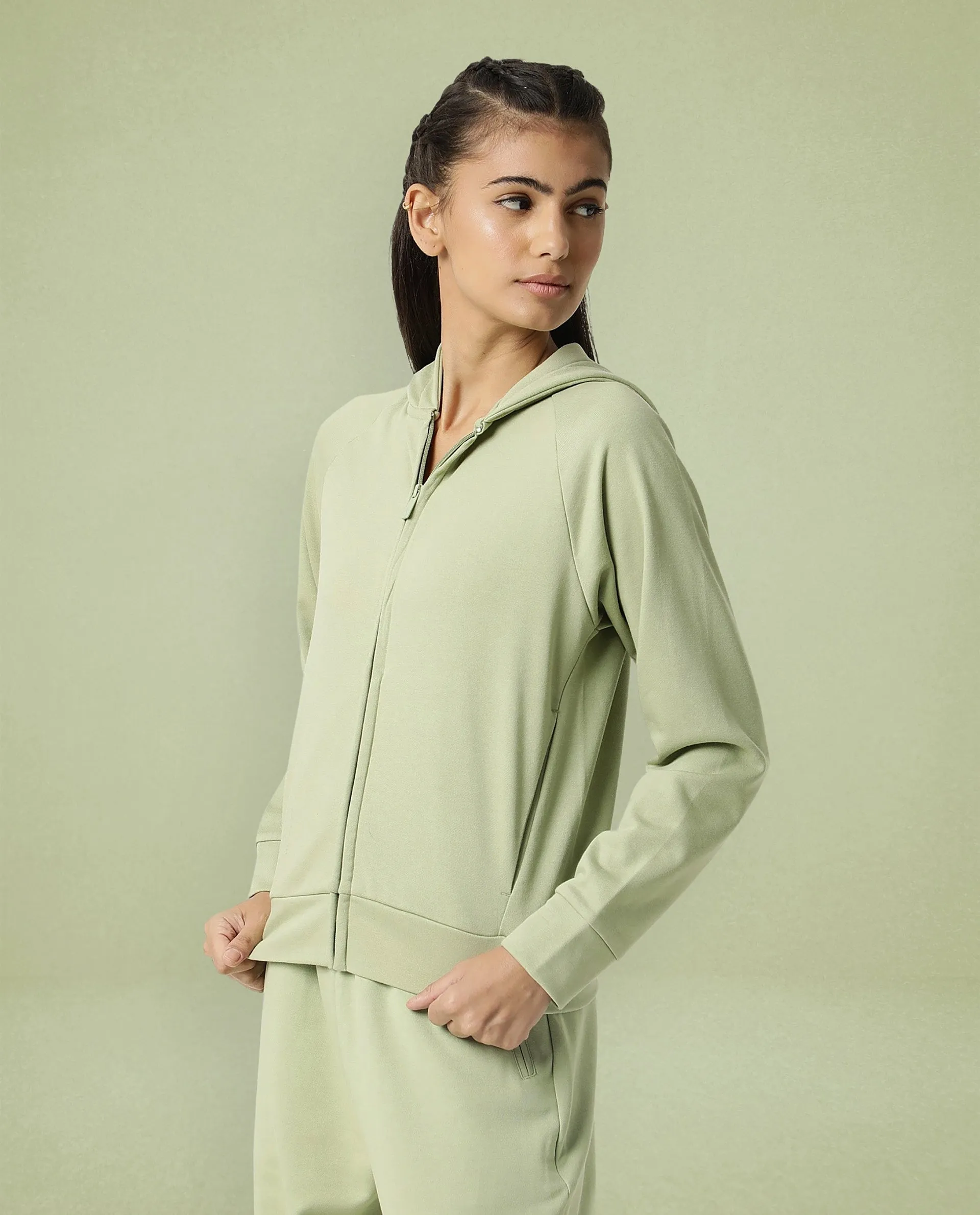 Rareism Women Capper Light Green Cotton Blend Fabric Full Sleeves Solid Hooded Jacket