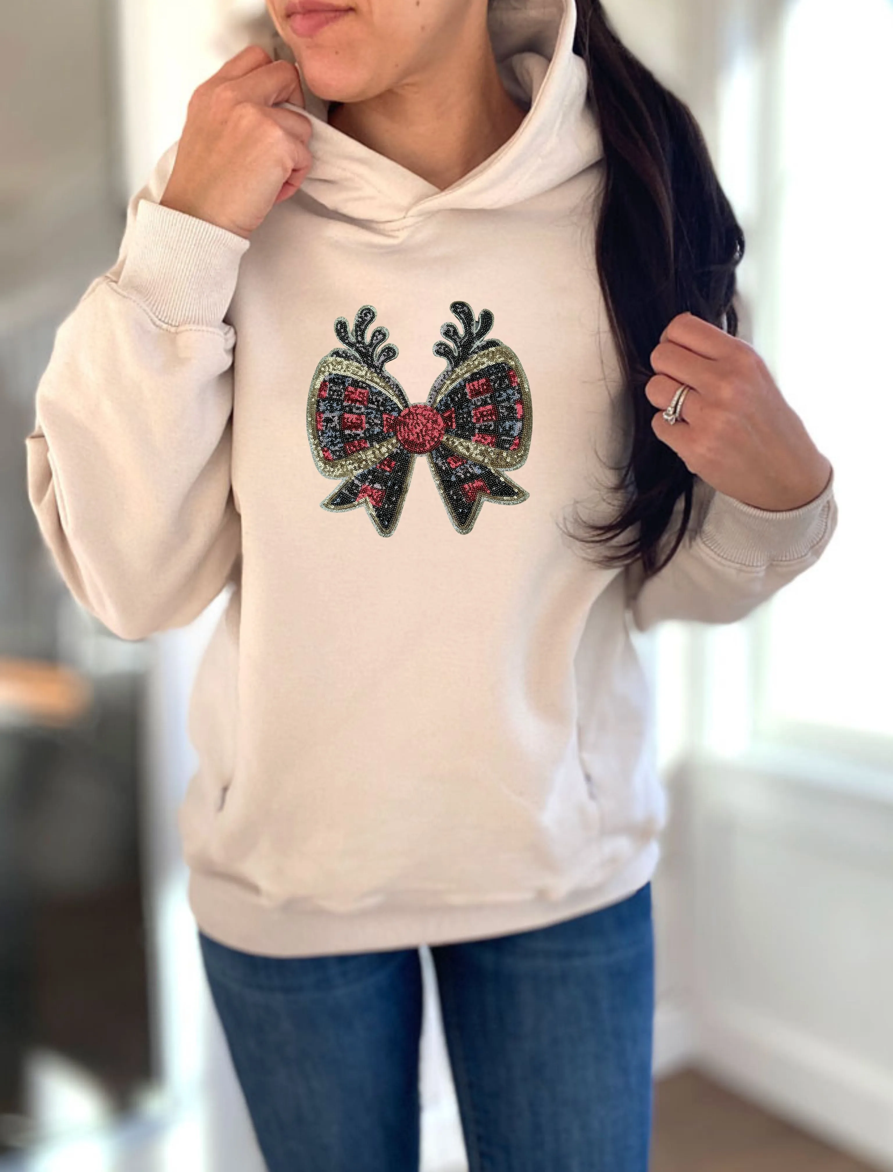 Reindeer Bow Sequins Hooded Sweatshirt