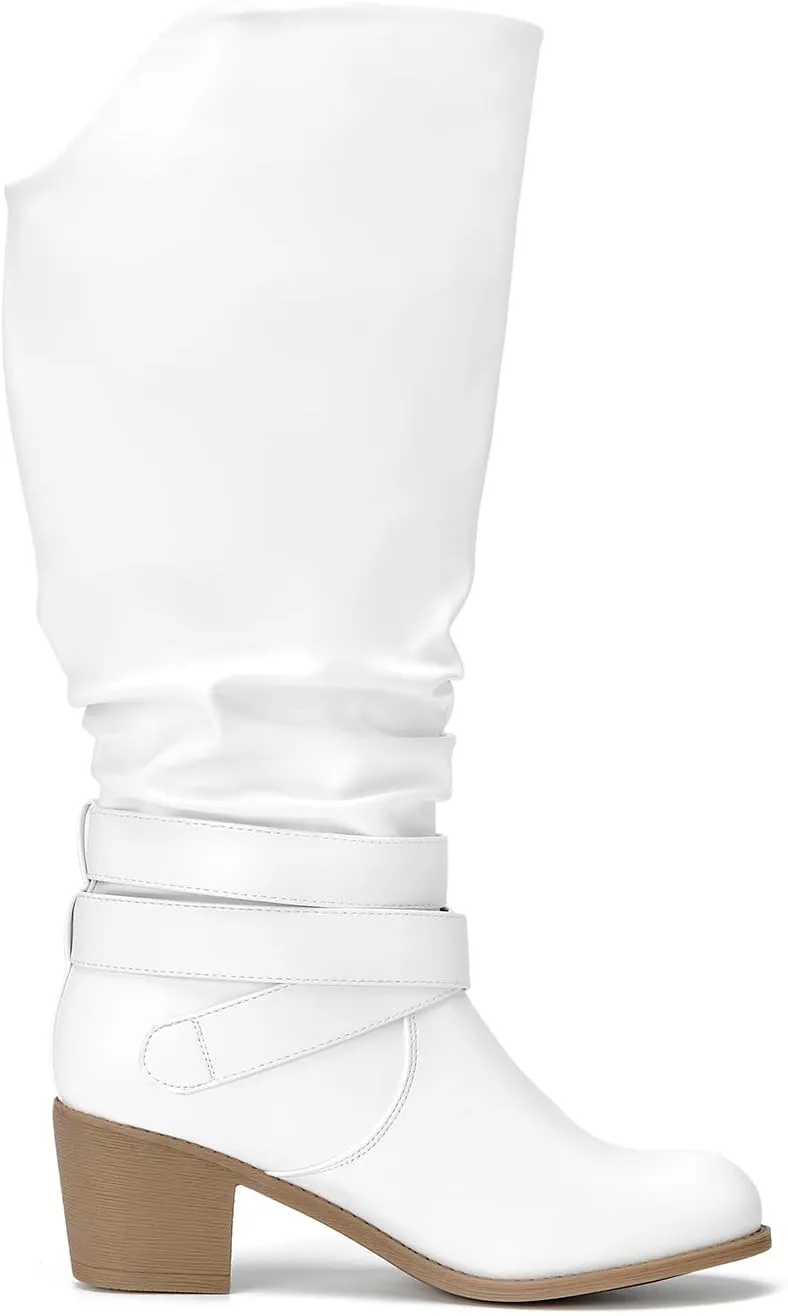 RELLSA Women's Wide Calf Knee High Boots Round Toe Slouchy Mid Chunky Block Heel Fashion Winter Shoes