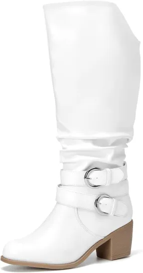 RELLSA Women's Wide Calf Knee High Boots Round Toe Slouchy Mid Chunky Block Heel Fashion Winter Shoes