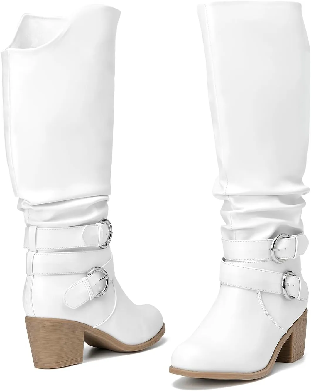 RELLSA Women's Wide Calf Knee High Boots Round Toe Slouchy Mid Chunky Block Heel Fashion Winter Shoes
