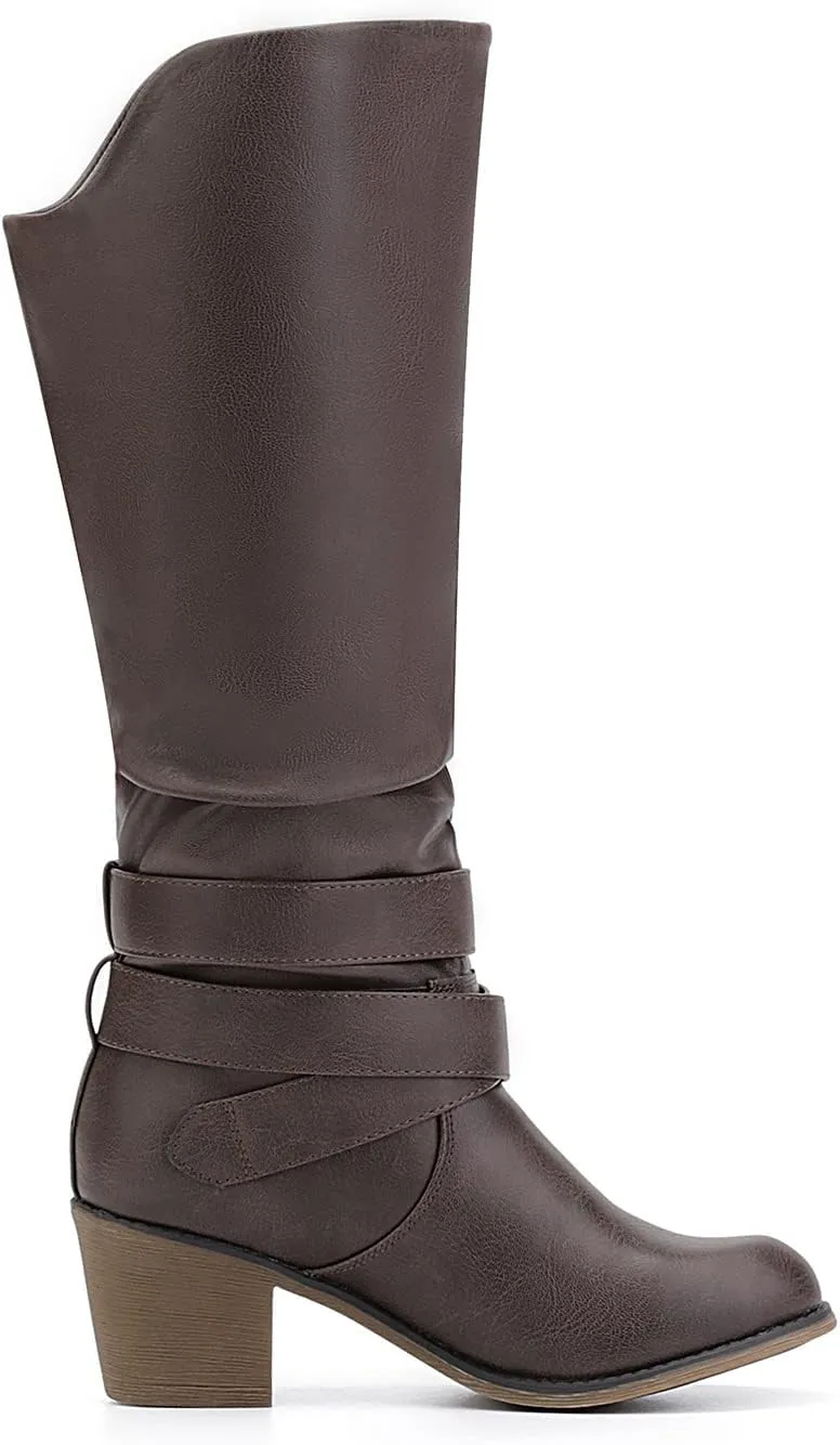 RELLSA Women's Wide Calf Knee High Boots Round Toe Slouchy Mid Chunky Block Heel Fashion Winter Shoes