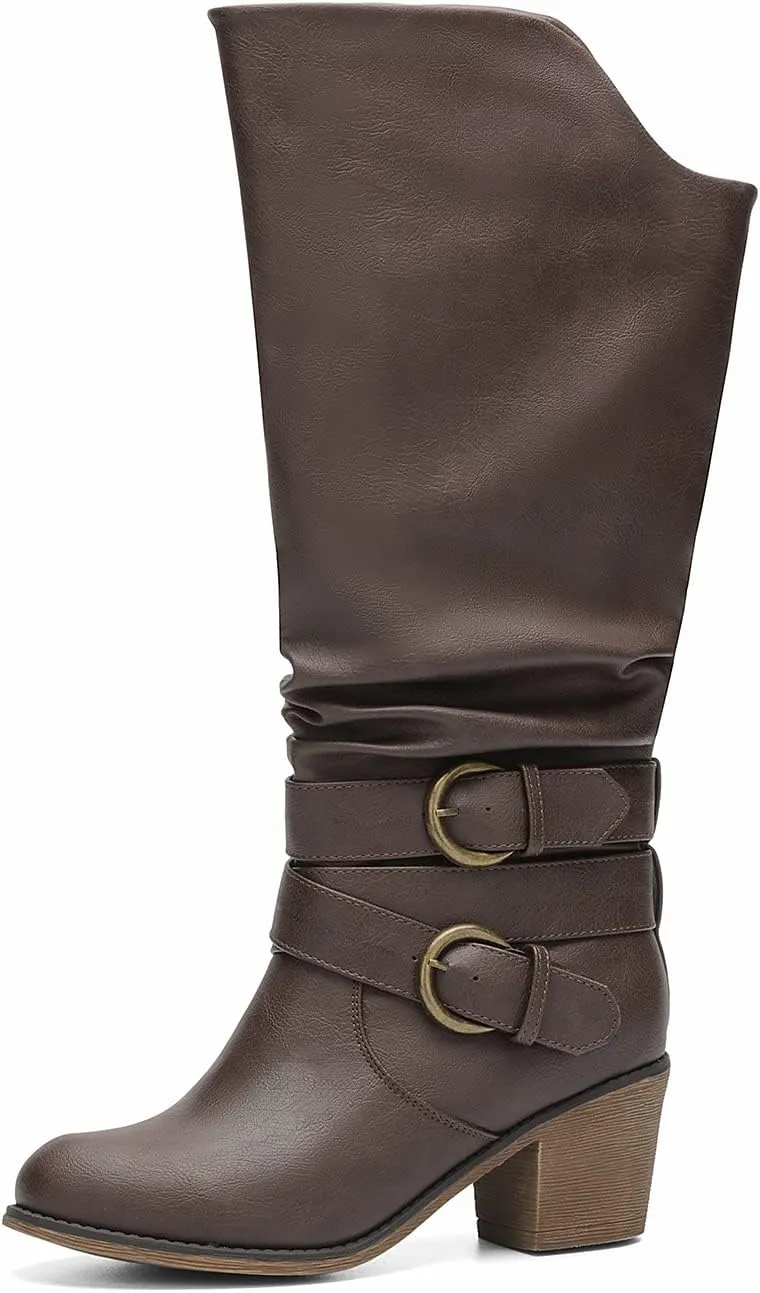 RELLSA Women's Wide Calf Knee High Boots Round Toe Slouchy Mid Chunky Block Heel Fashion Winter Shoes