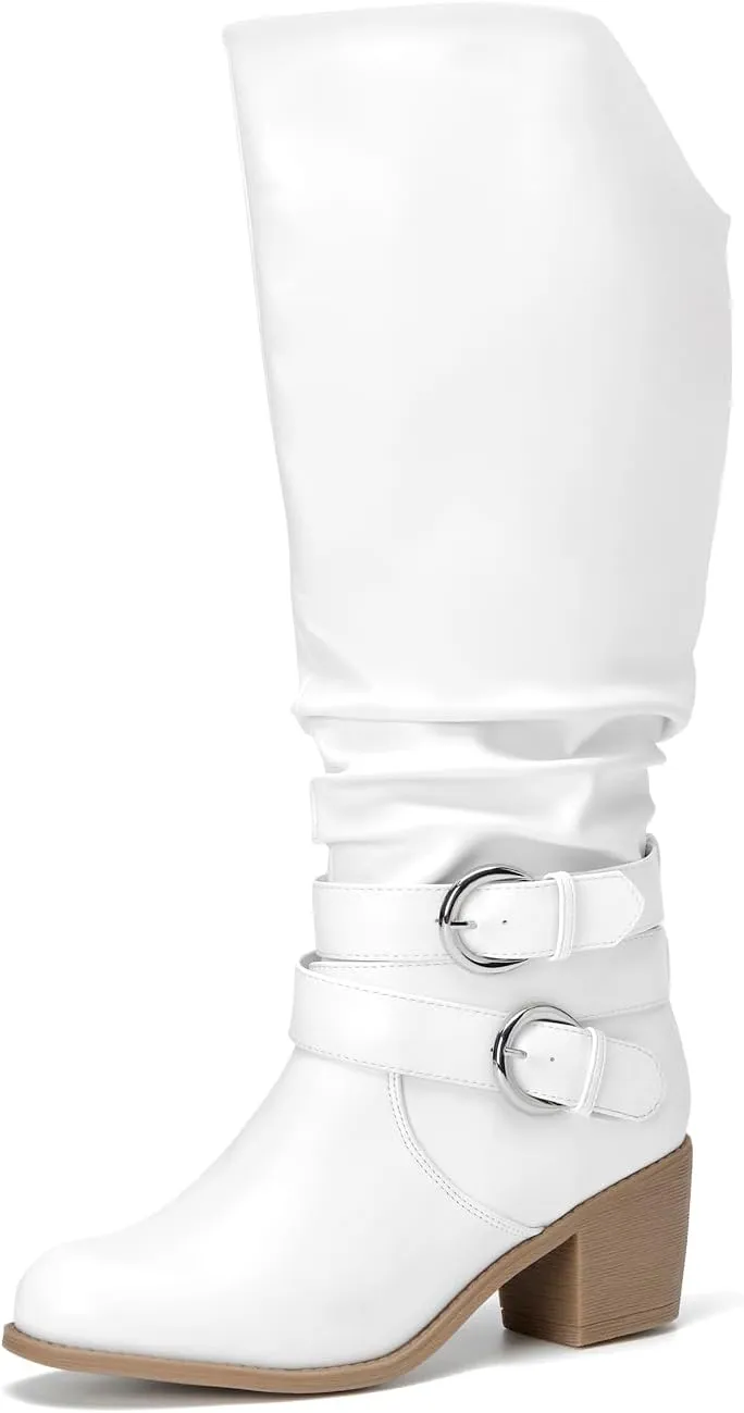 RELLSA Women's Wide Calf Knee High Boots Round Toe Slouchy Mid Chunky Block Heel Fashion Winter Shoes