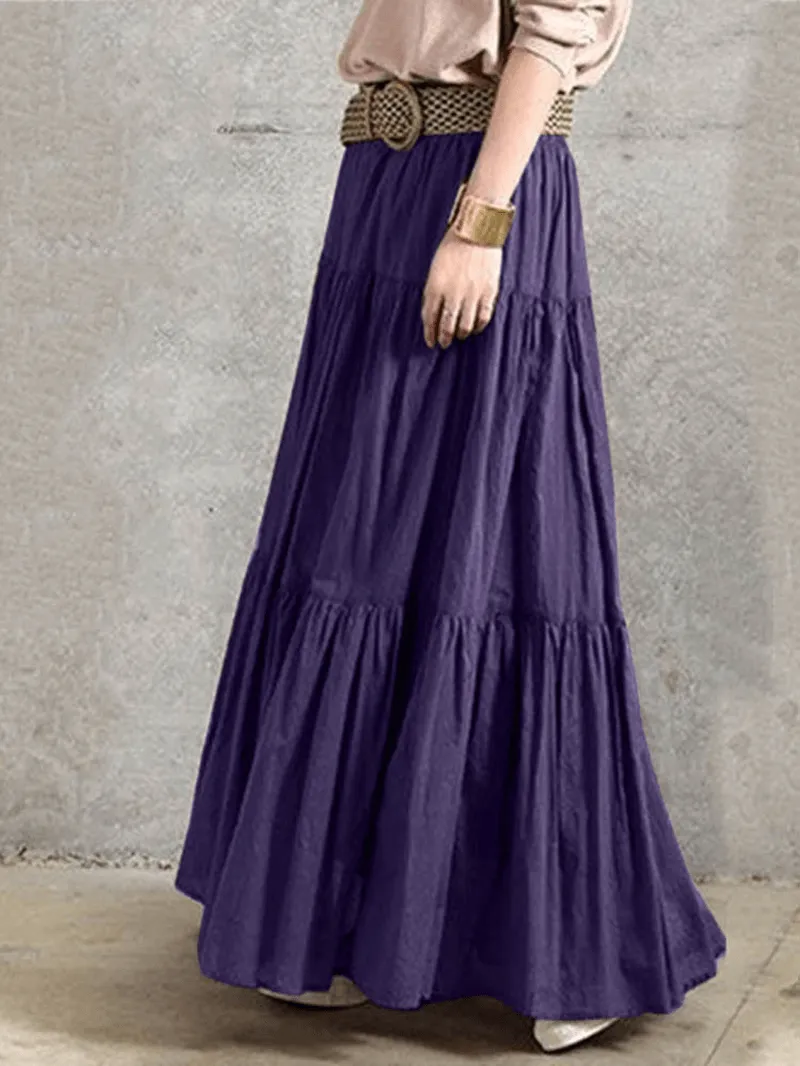 Solid Color Big Swing Elastic Waist Pleated Casual Long Skirt for Women