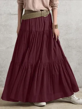 Solid Color Big Swing Elastic Waist Pleated Casual Long Skirt for Women
