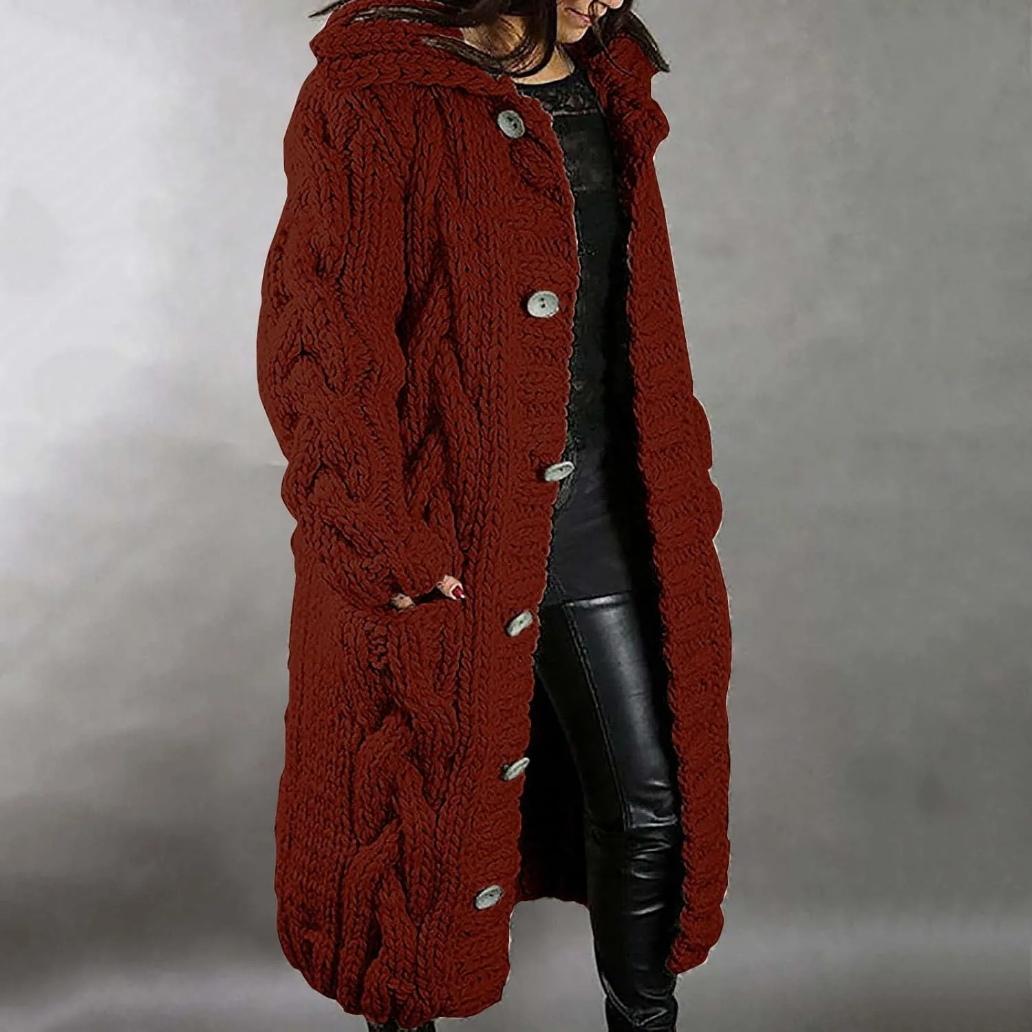 Trench Coat for Women Knitted Front Fashion Loose Elegant Warm Sweater Pocket Single Breasted Long Sleeve Women's