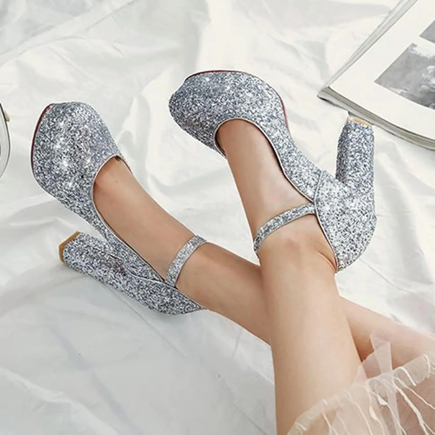 Women Platform High Heel Wedding Pumps Glitter Sequins Ankle Strap Sexy Dress Evening Party Shoes
